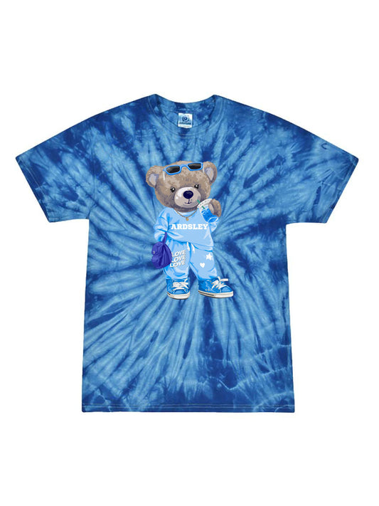 Sassy Bear on Tie Dye Blue Shirt